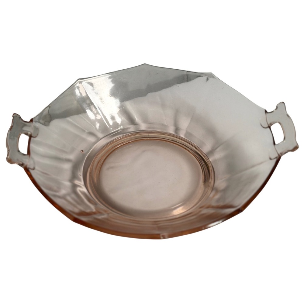 VTG Unbranded Serving Bowl Pink Depression Glass Paneledโ Scalloped Edge Handles
